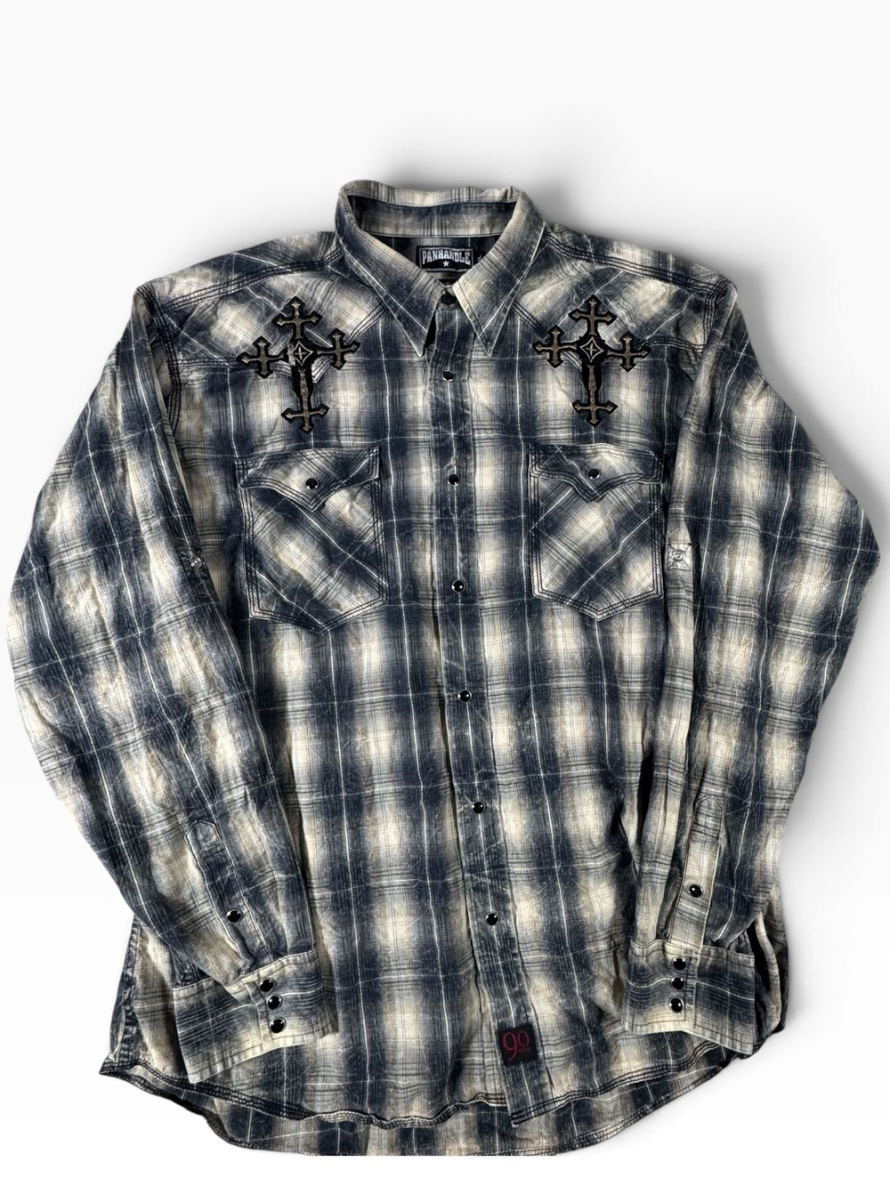 Panhandle Slim Faded Black & White Plaid Button-Down Shirt with Cross Embroidery